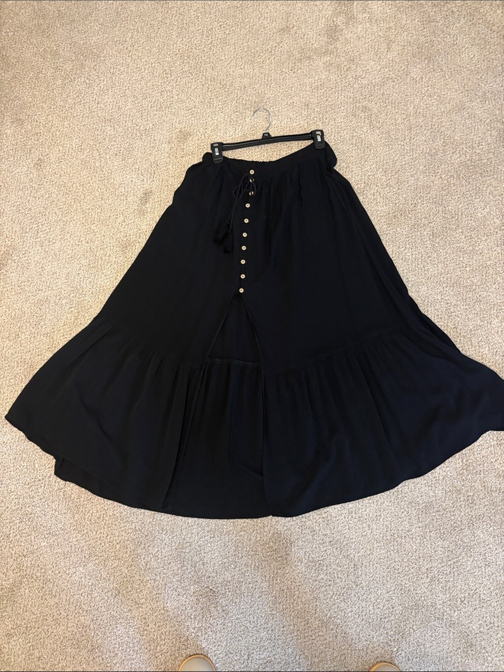 Molly Bracken Black Button-Front Tiered Maxi Skirt with Drawstring